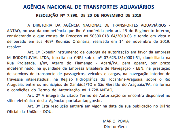 Resolução da ANTAQ que autoriza as operações da empresa entre Xambioá e São Geraldo